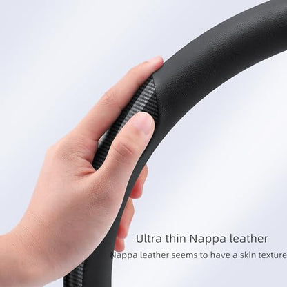 Nappa Leather car Steering Wheel Cover,Carbon Fiber Sports car Interior Non-Slip Ultrathin 15 inches Universal (Black) - color: BLACK