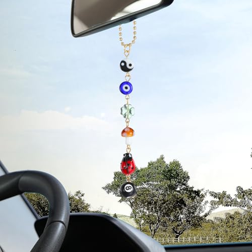 Ptwola Evil Eye Car Hanging Ornament Good Lucky Days Charm 8 Ball Mushroom Four-Leaf Ladybug Yin Yang Symbo Rear View Mirror Pendant Cute Boho Car Accessories Decorations for Keychain Cellphone