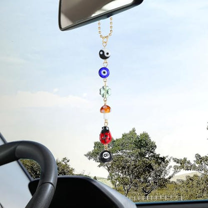 Ptwola Evil Eye Car Hanging Ornament Good Lucky Days Charm 8 Ball Mushroom Four-Leaf Ladybug Yin Yang Symbo Rear View Mirror Pendant Cute Boho Car Accessories Decorations for Keychain Cellphone
