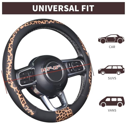 Leopard Steering Wheel Cover, Breathable Microfiber Leather Universal 14.5-15 inch for Most Automotive Steering Wheel Cheetah Print, Black