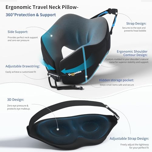 Patented Head-Bobble-preventing Ergonomic 360° Supporting Golden Formula Memory Foam Travel Neck Pillow w/3D Contoured Eye Mask Set Long Trip Sleeping Essentials for Airplane Flight Car Bus