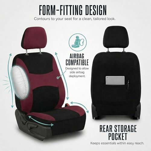 FH Group Car Seat Covers Full Set Cloth,Universal Fit combo,Washable Automotive Seat Covers,Low Back Front Seat Covers,Airbag Compatible,Split Bench Rear Seat for SUV,Sedan,Van Burgundy - color: Burgundy