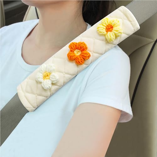 2-Pack Soft Seat Belt Covers Universal Car Shoulder Pad Cushions for Comfortable Driving & Bag Strap Protection Off-White Knitted Flower (Yellow & Orange) - color: Yellow Orange White Flower