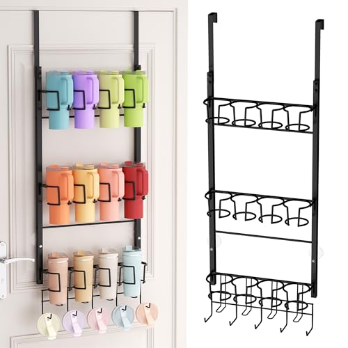 SWTYMIKI 3-Tier Water Bottle Organizer - Over the Door Stanley Cup Holder - Cup Rack with Hooks for Door or Wall Mount Option- Tumbler Organizer Storage Display for Kitchen Dorm Office RV, Black - color: Black, size: 3-Tier