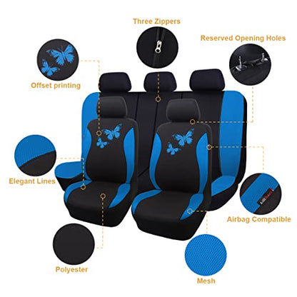 Flying Banner Butterfly car seat Covers ful Set Fashion Universal Lady Woman Female Rear Bench Split Colorized (Full Set, Blue) - color: Blue, size: Full set