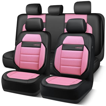 CAR PASS Memory Foam Seat Covers Full Sets, Airy Cool Mesh Thick Car Seat Covers Women, Leather Car Seat Covers 5 Seats Airbag Compatible, Universal Automotive Comfort for Cars, Trucks, SUV, Pink - color: pink