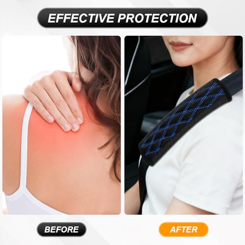 2PCS Car Seat Belt Cover Pads, Leather Seatbelt Covers for Cars, Breathable Leather Shoulder Pads Protect Your Neck, Automotive Interior Seat Strap Protecter Cushion for Most Autos (Blue) - color: Blue
