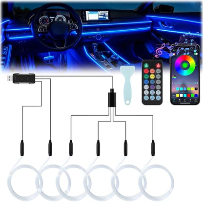 Smart Car LED Interior Lights with USB Port, LED Strip Fiber Optic Lights, Wireless App and Remote Control, Sync to Music, Car Accessories Gifts for Women and Men, 6 in 1 - size: 6 in 1- Remote Control
