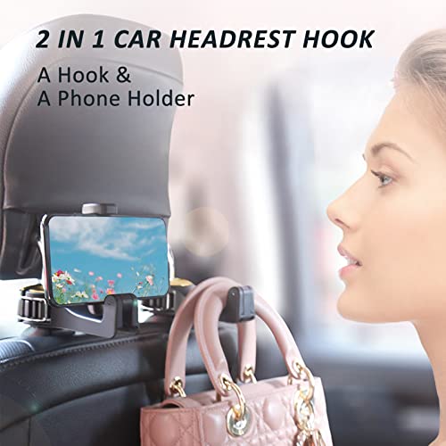 Car Headrest Hidden Hook with Phone Holder, Universal 360 Rotation, Gold, 2 Pack - color: Gold