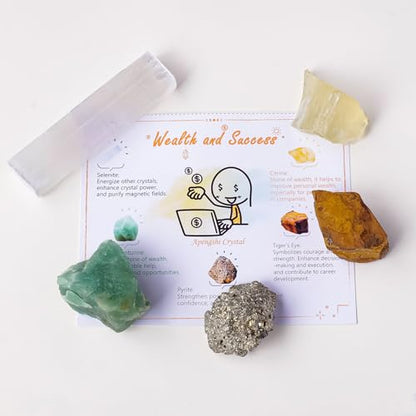 Apengshi Protection Crystals Stones Set Christmas Gifts for Wealth and Success,Crystal Set of 5 Pieces Stone,Citrine,Tiger's Eye,Pyrite,Green Aventurine and Selenite Healing Crystal Stones Pyrite - color: Wealth and Success