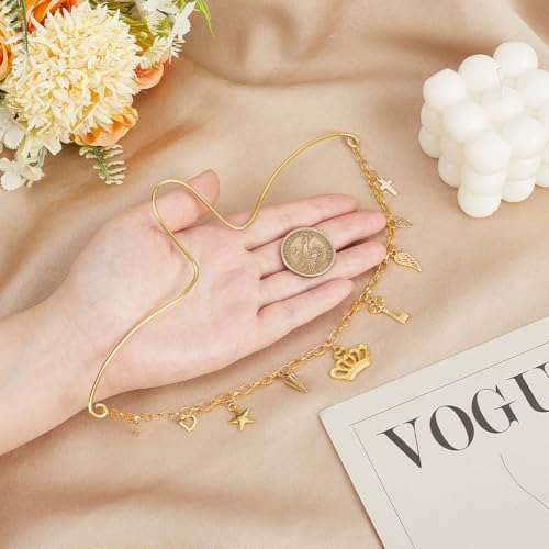Rearview Mirror Hanging Ornament Gold Car Charm with Crown Cross Star Heart Feather Key and Cone Shapes Aluminum Cute Feminine Aesthetic Rearview Mirror Hanging Car Accessories for Women - style: Gold