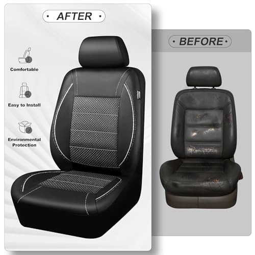 CAR PASS Piping PU Leather Car Seat Cover Full Set, Inside Zipper Design and Reserved Opening Holes, Airbag Compatible,Universal FIT for Car, SUVs,Van,Trucks（Full Set, Black & Silver - color: Black and Sliver
