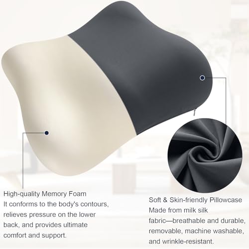 Lumbar Support Pillow Office Chair Lumbar Pillow Lower Back Pain Relief Cozy Dark Gray Memory Foam Back Cushion with Removable Cover Suitable for Car, Bed