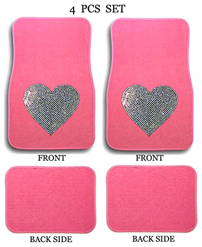 Universal Fit Front/Rear 4 Piece Full Set Heart Shiny Bling Sequins Design Studded Pink Carpet Car Truck Floor Mats (White Heart-Pink) - color: White Heart-Pink