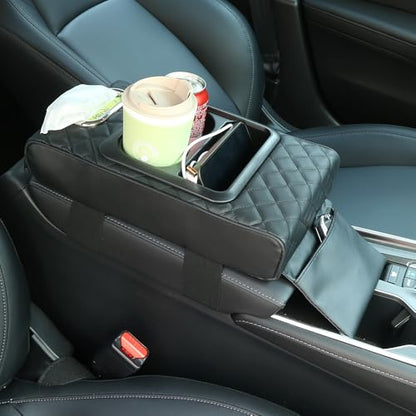 Multi-Functional Adjustable Armrest Cushion - Universal Car Boat Sofa Pad with Built-in Tissue Box & Cup Holder, Faux Leather Storage Organizer for Front/Rear Seats, Yacht, Central Console