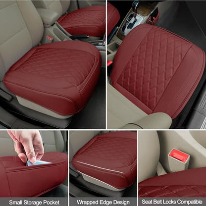 2 Pack Leather Front Car Seat Cover Bottom Car Seat, Anti-Slip and Full Wrap Driver Car Seat Protectors with Storage Pocket, Luxury Waterproof Bottom Auto Seat Cushion Pad Mat for Most Vehicles(Red) - color: red-2pcs