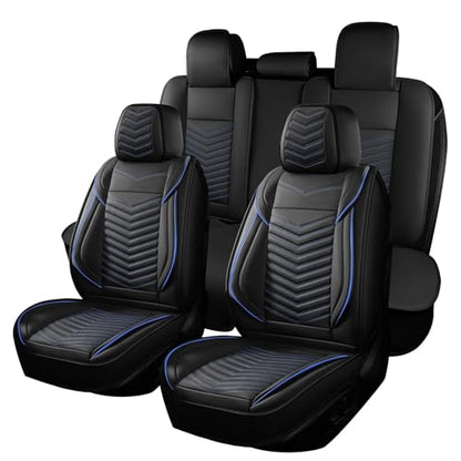 HChengkikz Car Seat Covers, Breathable and Waterproof Faux Leather Automotive Seat Covers, Universal Anti-Slip Driver Seat Cover for Cars SUV Pick-up Truck Sedan (5 PCS Full Set, Black + Blue) - color: Style1 Black+Blue, size: Full Seat