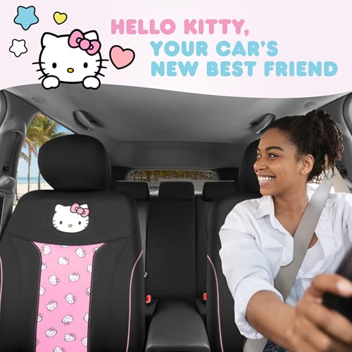 Carbella Hello Kitty Car Seat Covers - Cute and Durable Pink Front Seat Covers, Adorable Hello Kitty Design, Comfortable and Long-Lasting Polyester, Car Accessories Gift 2pc Black/Pink - color: Seat Covers Poly-Pink, style: Hello Kitty