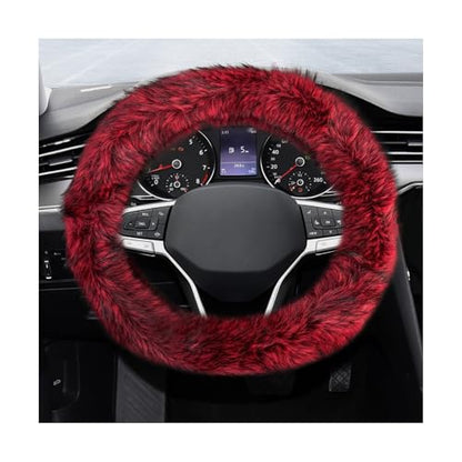 Fluffy Steering Wheel Cover, 15 Inch Anti-Slip Microfiber Plush Fuzzy Steering Wheel Cover, Winter Warm Elastic Fuzzy Steering Wheel Covers for Women and Men, Car Accessories (Red) - color: Red