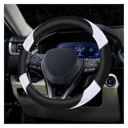 Soft Leather Steering Wheel Cover with Breathable Design and Anti-Slip Grip, Fully Compatible with Tesla, Toyota, Honda, Nissan 14.5-15.2 inch Round Steering Wheel（Sedans and SUVs） - color: DOUBLE-WHITE