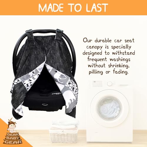 Dear Baby Gear - Infant Carseat Canopy and Winter Covers - Cozy Baby Car Seat Cover for Girls and Boys - Stroller Cover - Mountains Moose & Bear - Faux Quilt/Woodgrain 40" x 30" - color: Moose & Bear Faux Quilt/Black Woodgrain
