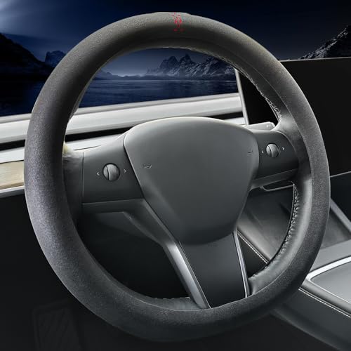Suede car Steering Wheel Cover, Suitable for Tesla Model 3 /Model Y Steering Wheel Cover - color: Black-A