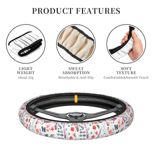 Nature Flowers Steering Wheel Cover for Women Elastic Rubber Steering Wheel Universal 15 Inch Fit for Cars, Auto, SUVs - color: Nature Flowers