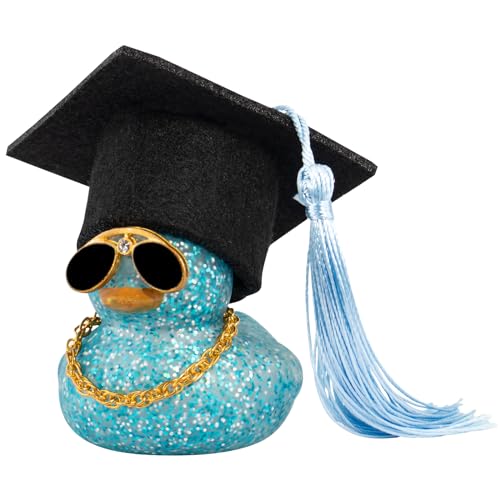 wonuu Car Dashboard Decor Graduation Hat Color Rubber Duck, Car Ducks Ornaments with Mini Graduation Hat Necklace Sunglasses (Light Blue) - color: Light Blue, style: Glitter