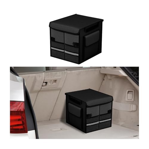 HZEL Car Trunk Organizer with Lid, Foldable Slip Resistant Multi-Compartment Vehicle Cargo Storage Box, Collapsible Waterproof Automotive Trunk Organizer, Universal for SUV Van Truck (Black) - color: Black