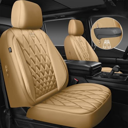 CAR PASS Piping Luxury PU Leather Two Front Car Seat Covers, Waterproof Anti Slip Seat Covers Compatible with Front Seat Armrests,Universal Fit for Suvs,Vans,Trucks,Airbag Compatible(All Beige) - color: All Beige, size: Two Front