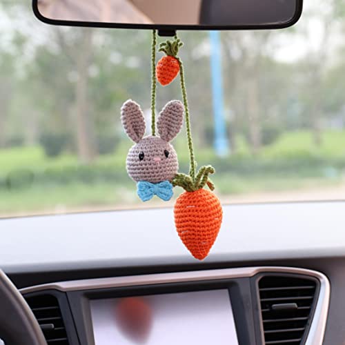 Grey Bunny & Carrot Ornament - Handmade Hanging Car Charm, Automotive & House Decoration, Crochet Keychain Charm - style: Grey Bunny And Carrot Car Charm