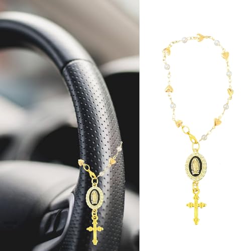 Steering Wheel Rosary Charm Accessory, Hanging Cross for Car, Car Rosary for Rearview Mirror, Steering Wheel Charm, Catholic Rosary Hanging Pendant, Christian Car Accessories (Black) - color: C