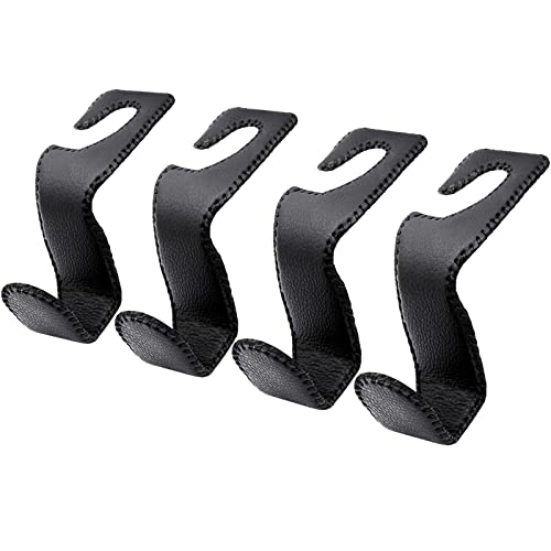 EldHus Seat Hooks for Purses and Bags, 4 Pack Car Purse Holder for Grocery Bag Handbag Clothes, Metal Headrest Hooks Covered by Leather, Black - color: Black, size: 4