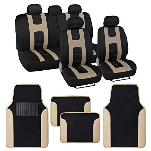 BDK CarXS Beige Car Seat Covers Full Set with Matching Set of Floor Mats for SUV & Truck – Truck Front Seats & Rear Bench Cover Seats Protector Car Mats Full Set Interior Seat Covers - color: Beige