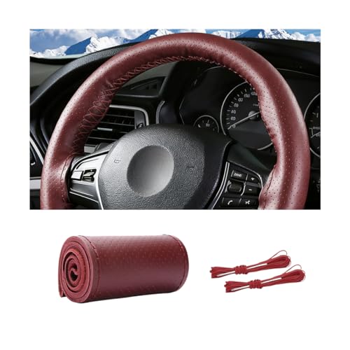 Genuine Leather Car Steering Wheel Cover, DIY Sewing Stitch on Wrap Auto Wheel Cover with Needle Thread, Breathable Anti-Slip Vehicle Steering Stitching Protector, Universal Fit (Wine Red) - color: Wine Red