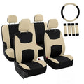Automotive Seat Covers Beige Black Universal Fit Seat Cover Combo Set with Steering Wheel Cover and Seat Belt Pad (Airbag Compatible and Split Bench) - color: Beige/Black