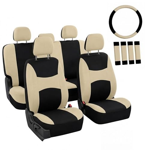 Automotive Seat Covers Beige Black Universal Fit Seat Cover Combo Set with Steering Wheel Cover and Seat Belt Pad (Airbag Compatible and Split Bench) - color: Beige/Black