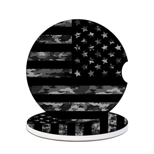 Car Cup Holders Coasters - Black Camo USA Flag Absorbent Ceramic Coaster, Drink Cup Holder Coasters, Auto Interior Accessories for Women & Men Pack of 2 - color: Black Camo Usa Flag