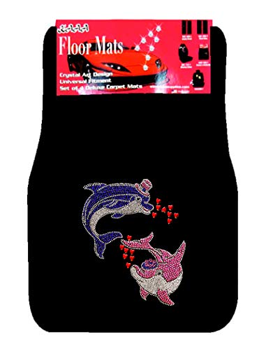 Universal Fit Car Truck Front/Rear 4-Piece Full Set Crystal Bling Rhinestone Design Studded Black Carpet Floor Mats (Dolphin-Black) - color: Dolphin-Black