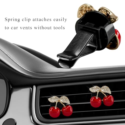 2PCS Cherry Car Air Vent Freshener Perfume Clip, Rhinestone Vehicle A/C Outlet Clips Bling Charm with Scented Pads, Sparkly Diamond Vent Clamp Cute Cherry Decoration for Women