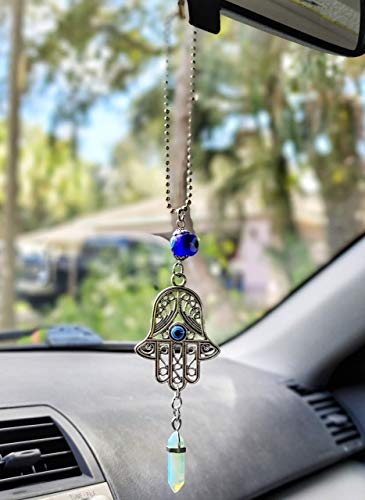 LUCKBOOSTIUM Hamsa Hand Evil Eye Amulet - Car Hanging Ornament, Rearview Mirror Charm, Gemstone Car Accessory for Protection, Good Fortune & Spiritual Energy (2"x11", Opal) - color: Opal
