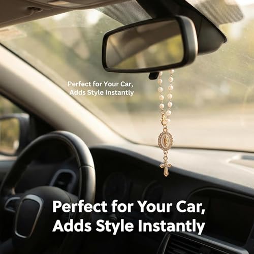 Steering Wheel Rosary Charm Accessory, Cross Steering Wheel Charm, Cross for Car, Car Rosary for Rearview Mirror, Auto Rear View Mirror Protection Charms Decor, Religious Catholic Gift