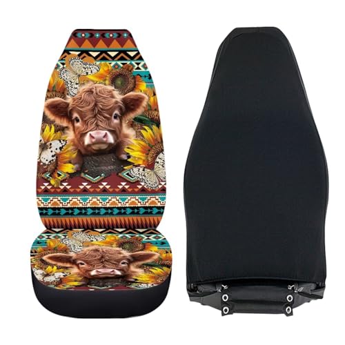 Highland Cattle Car Seat Covers for Women 2 Piece Vehicle Bucket Seat Covers Butterfly Sunflower Print High Back Breathable Front Seats Covers Auto Accessories - color: Highland Cattle Butterfly Sunflower