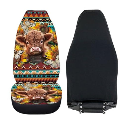 Highland Cattle Car Seat Covers for Women 2 Piece Vehicle Bucket Seat Covers Butterfly Sunflower Print High Back Breathable Front Seats Covers Auto Accessories - color: Highland Cattle Butterfly Sunflower