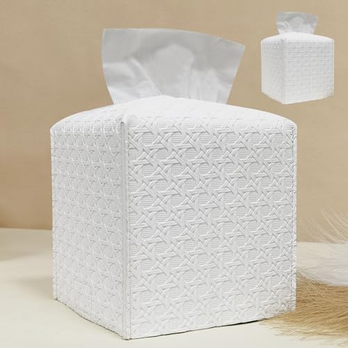 HOMOTEK 2 Pack Tissue Box Cover,PU Leather Tissue Holder,Square Decorative Facial Tissue Cube Paper Organizer Dispenser for Bathroom, Night Stands, Desk, Car 5X5X5'' - Rattan Weave, Pure White - color: White, size: Rattan Weave