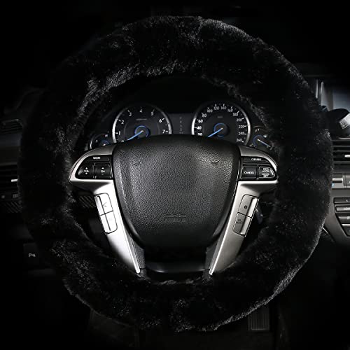 Warm Steering Wheel Cover with Handbrake Cover & Gear Shift Cover, Soft Fazzy Steering Wheel Wrap Faux Wool Fluffy for Winter 3 Pcs1 Set Fit Most of Car(Black) - color: black