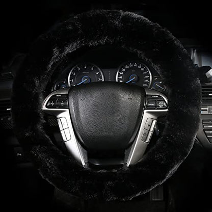 Warm Steering Wheel Cover with Handbrake Cover & Gear Shift Cover, Soft Fazzy Steering Wheel Wrap Faux Wool Fluffy for Winter 3 Pcs1 Set Fit Most of Car(Black) - color: black