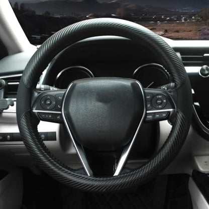Steering Wheel Cover Universal Standard Size 14.5-15 inch, Breathable Microfiber Leather, Anti-Slip, Non-Folding Packaging, Fits Most Cars SUVs Trucks, Black with Carbon Fiber - color: Black with Carbon Fiber, size: Round Shaped: Medium 14 1/2''-15''