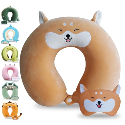 Cute Travel Pillow with Sleep Eye Mask Cartoon Headrest & Neck Pillow for Kids Boys & Girls, Teens, Travel Accessories for Airplane, Car, Recline, Home Use Memory Foam Flight - Cute Yellow Corgi - color: Cute Yellow Corgi