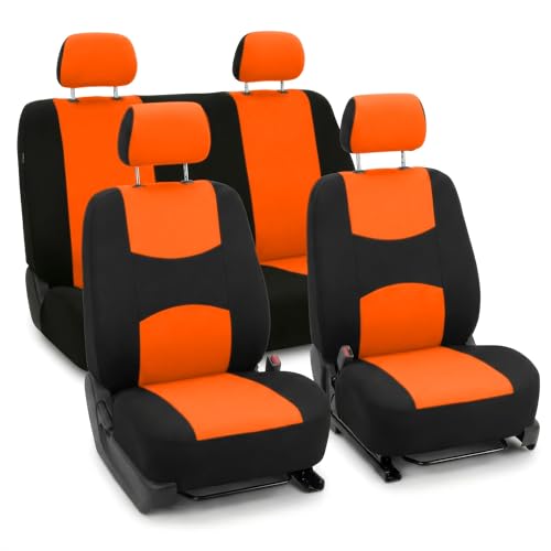 FH Group Bright Flat Cloth Full Set Automotive Seat Covers Front Set and Rear Solid Bench Orange Black Seat Covers w. Gift Universal Fit Interior Accessories for Cars Trucks and SUVs - color: Orange